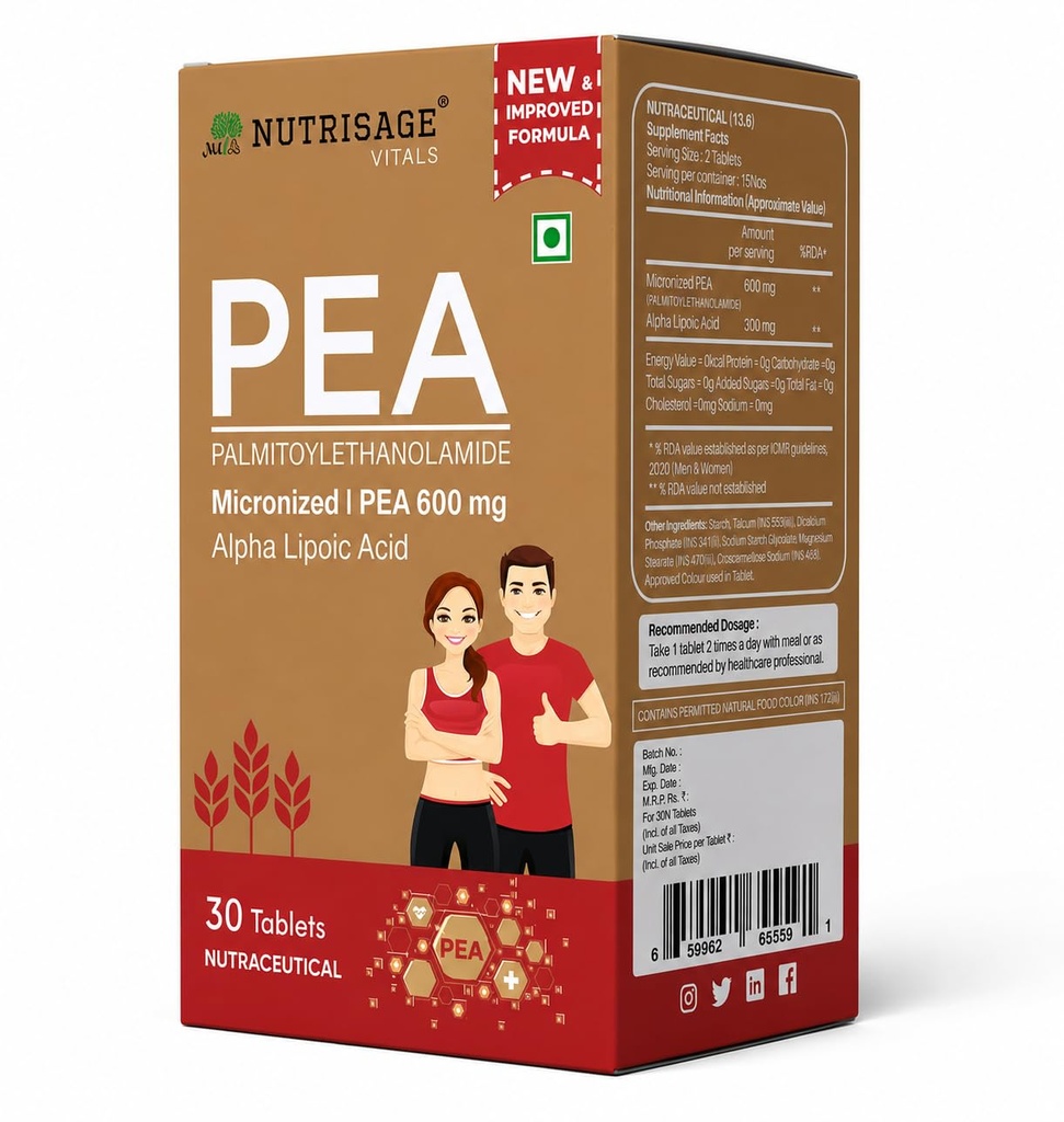 (Palmitoylethanolamide) PEA Supplement 600 mg | Micronized Pea 99% Highly Purified and Bioavailable | Supplement for Men and Women - 30 tab