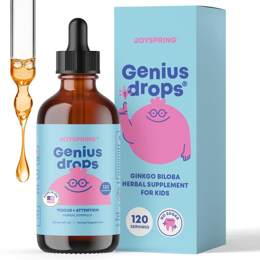 JoySpring Genius Drops - Organic Focus Drops for Kids | Clinically Proven Focus Supplement Helps Kids Perform Better in School | Liquid Herbal Supplement with Ginkgo Biloba | 120 Servings