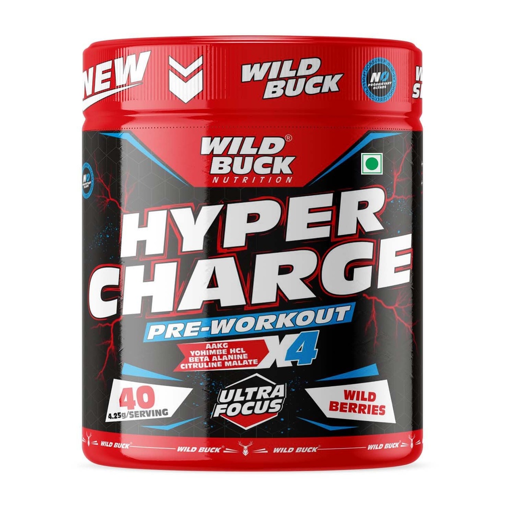 WILD BUCK Hyper Charge Pre-X4 Hardcore Pre-Workout Supplement Powder With Creatine Monohydrate,Arginine Aakg,Beta-Alanine,Muscle Pump,Caffeinated Punch - [Wild Berries],1 Count,40 Servings