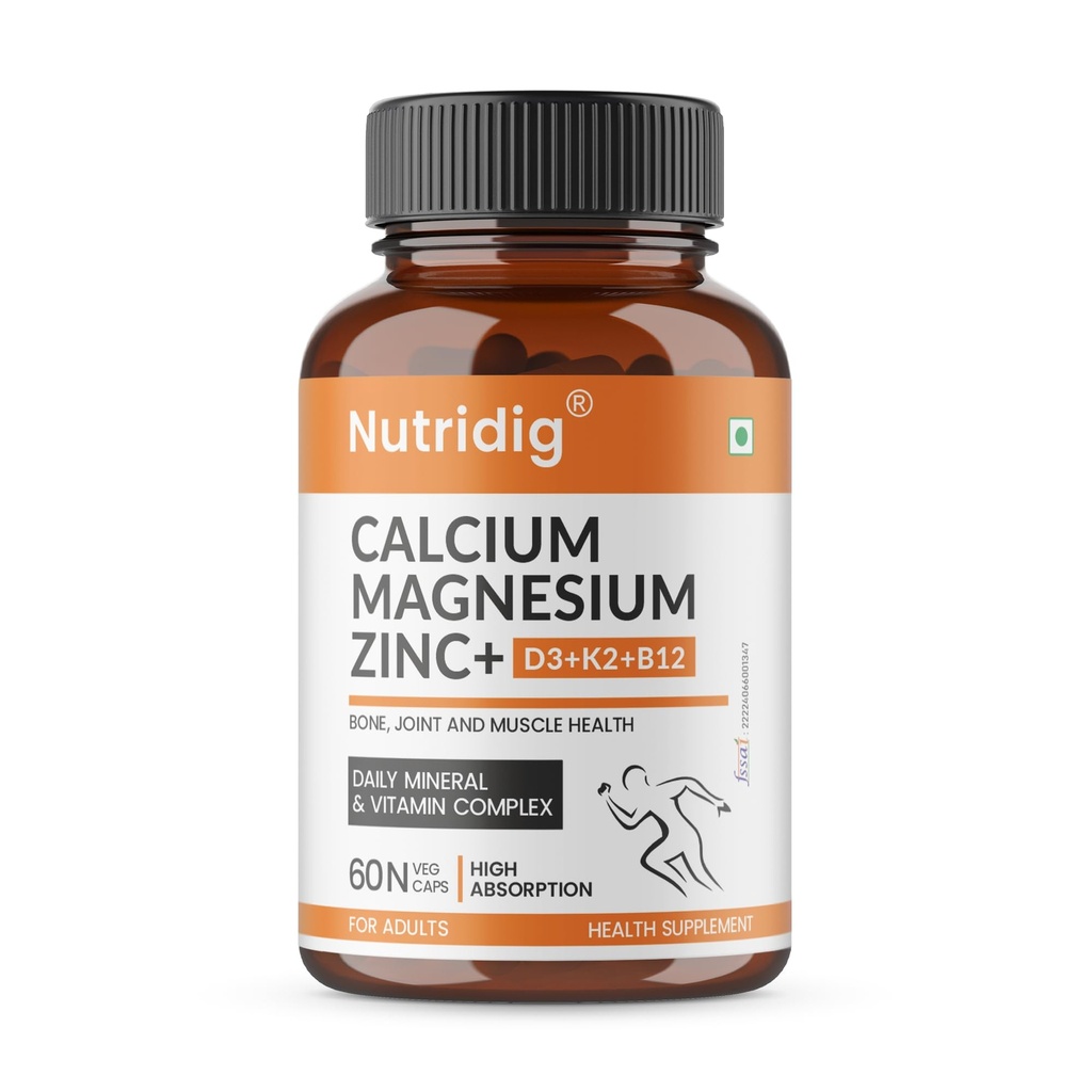 Veg Calcium Magnesium Zinc Supplement with Vitamin D3, K2 MK7 & B12 | Daily Bone, Muscle & Mineral Nutrition for Men & Women - 60 Capsules