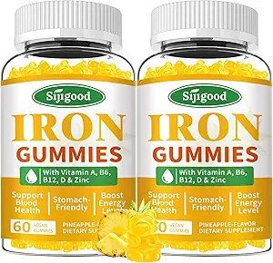 2 Pack Iron Gummies for Women & Men - Vegan Iron Supplement for Anemia & Iron Deficiency, with Vitamin B12, Vitamin C, Zinc, Folate - Energy Boost, Sugar-Free, Pineapple Flavor, 120 Count
