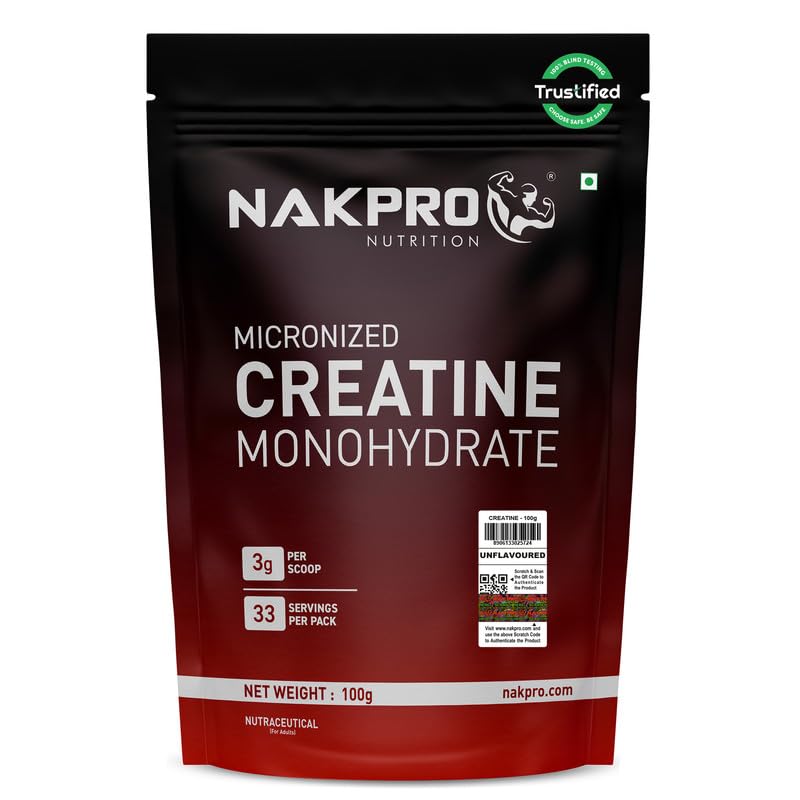 NAKPRO NUTRITION Micronised Creatine Monohydrate | 100g (33 Servings) | Unflavoured | Trustified Certified | Rapid Absorption Pre/Post Workout