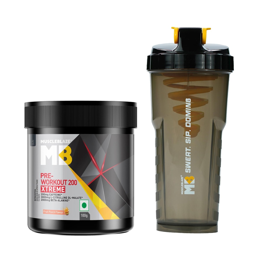 MuscleBlaze Pre Workout 200 Xtreme Powder, Fruit Punch, 100g + Shaker