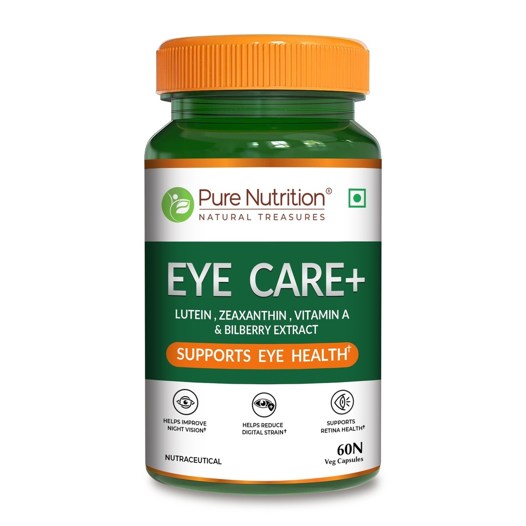 Pure Nutrition Eye Care Supplements | Lutein and Zeaxanthin Supplements for Eyes | Eye Supplement with Lutein, Zeaxanthin, Vitamin A & Bilberry Extract | Improve Night Vision, Blue Light & Digital Guard - 60 Veg Capsules