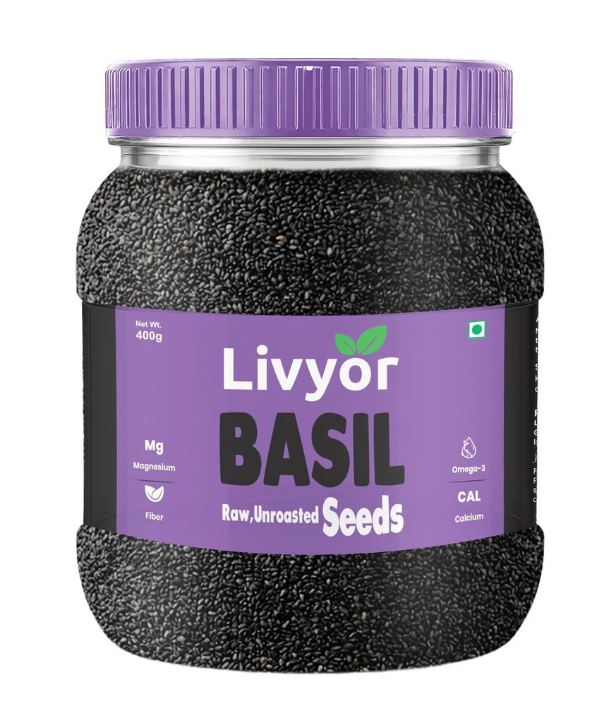 Livyor Raw Basil Seeds for eating - 400g | Sabja Seeds | Tukmaria | Reduces Body Heat | High in Omega-3, Fibre & Plant Protein | Natural Superfood for Weight Management, Digestion & Hydration | Pack of 1