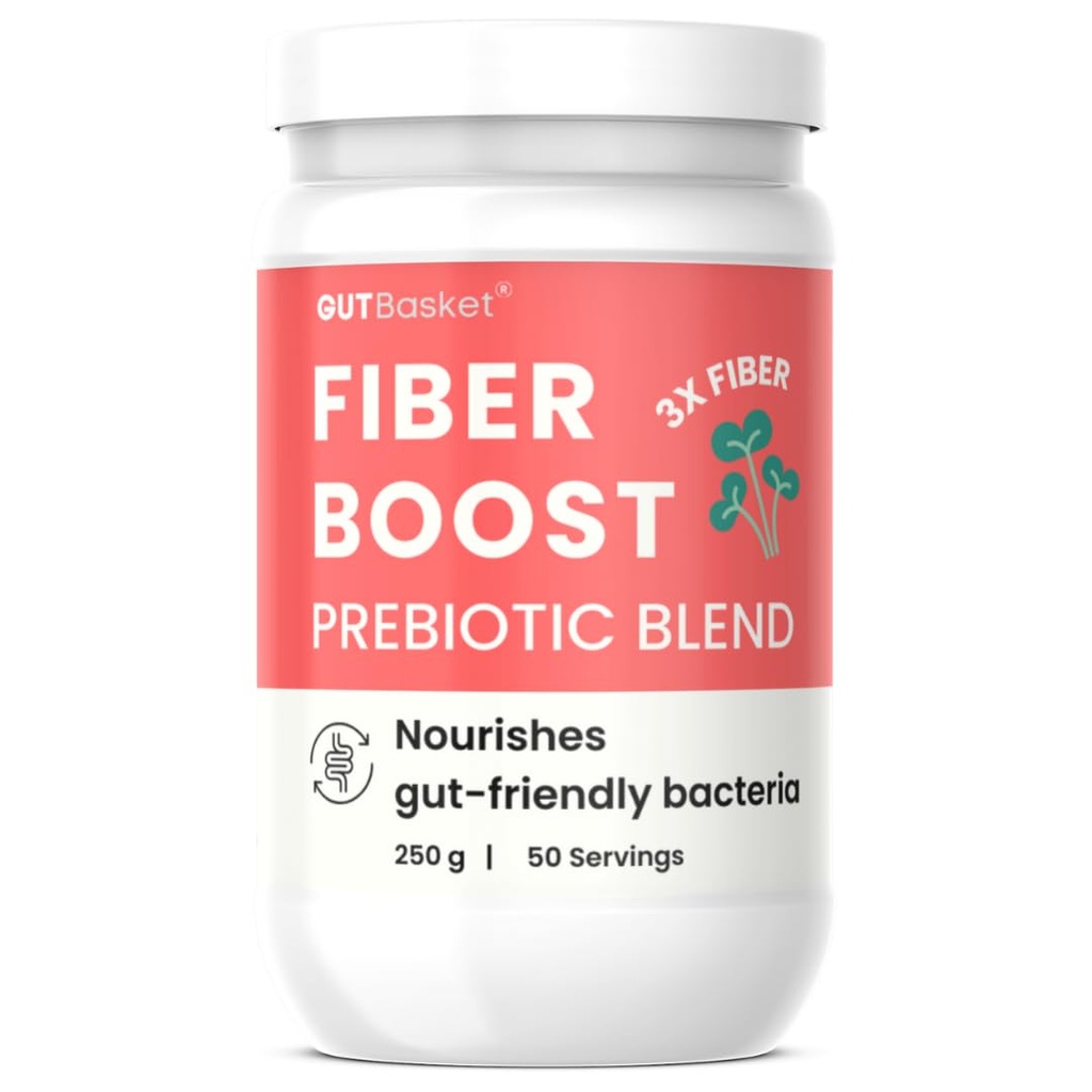 Gutbasket Fiber Boost — 3-Prebiotic Fibre Supplement (Inulin, FOS, Resistant Dextrin) | Grows Good Gut Bacteria | Relieves Constipation | Improves Calcium Absorption | Tasteless, Dissolves Easily | Vegan, Gluten-Free (250g)