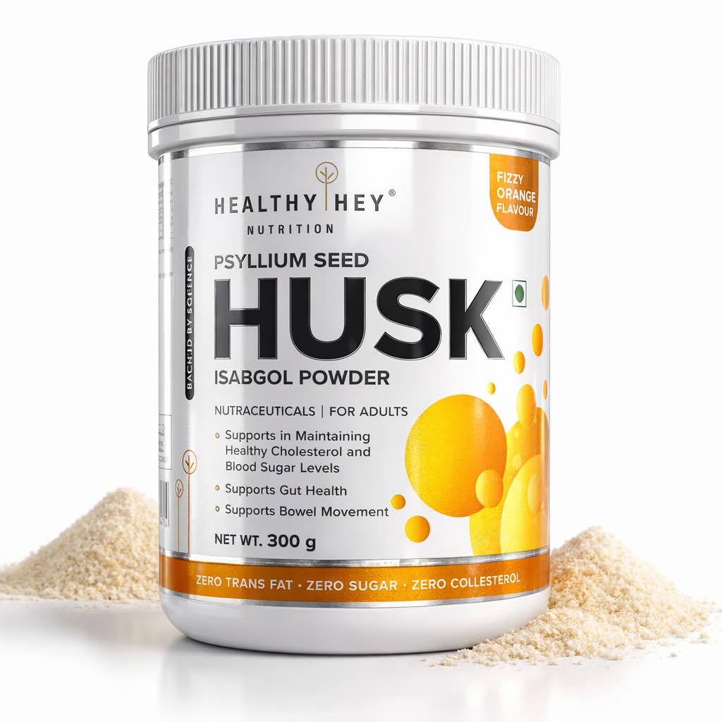 HealthyHey Nutrition Psyllium Seed Husk - Isabgol Powder - Fizzy Orange Flavour - 300g