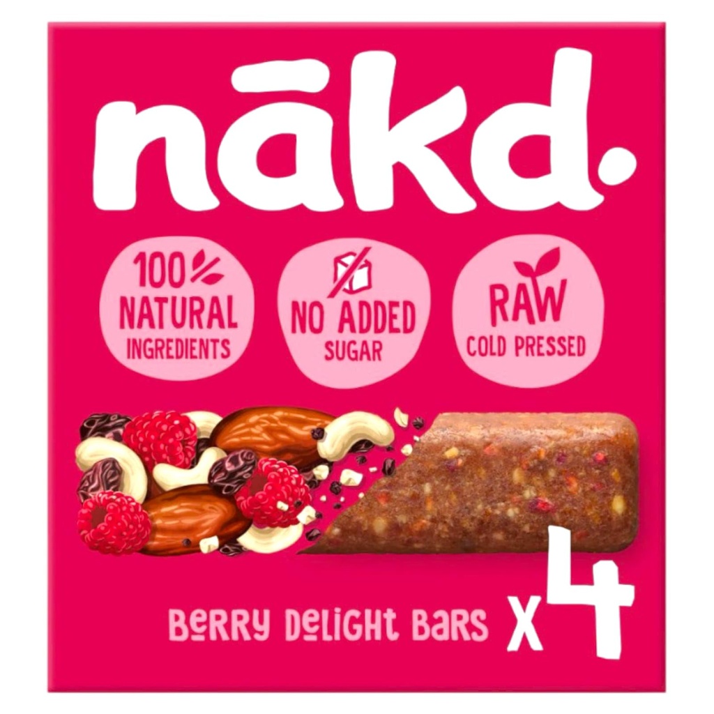 Nakd Raw Fruit and Nut Bars, Berry Delight, Vegan & Gluten-Free Snacks, 4 x 35g