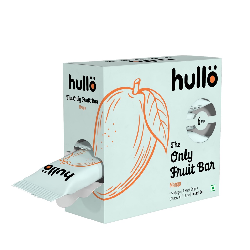 Hullo The Only Fruit Bar - Mango (Pack of 6 x 30g) | Healthy Aam Papad Snack Bar for Kids & Adults with No Added Sugar & No Preservatives | Energy Bar School, Travel & Trekking | Made with Real Mango