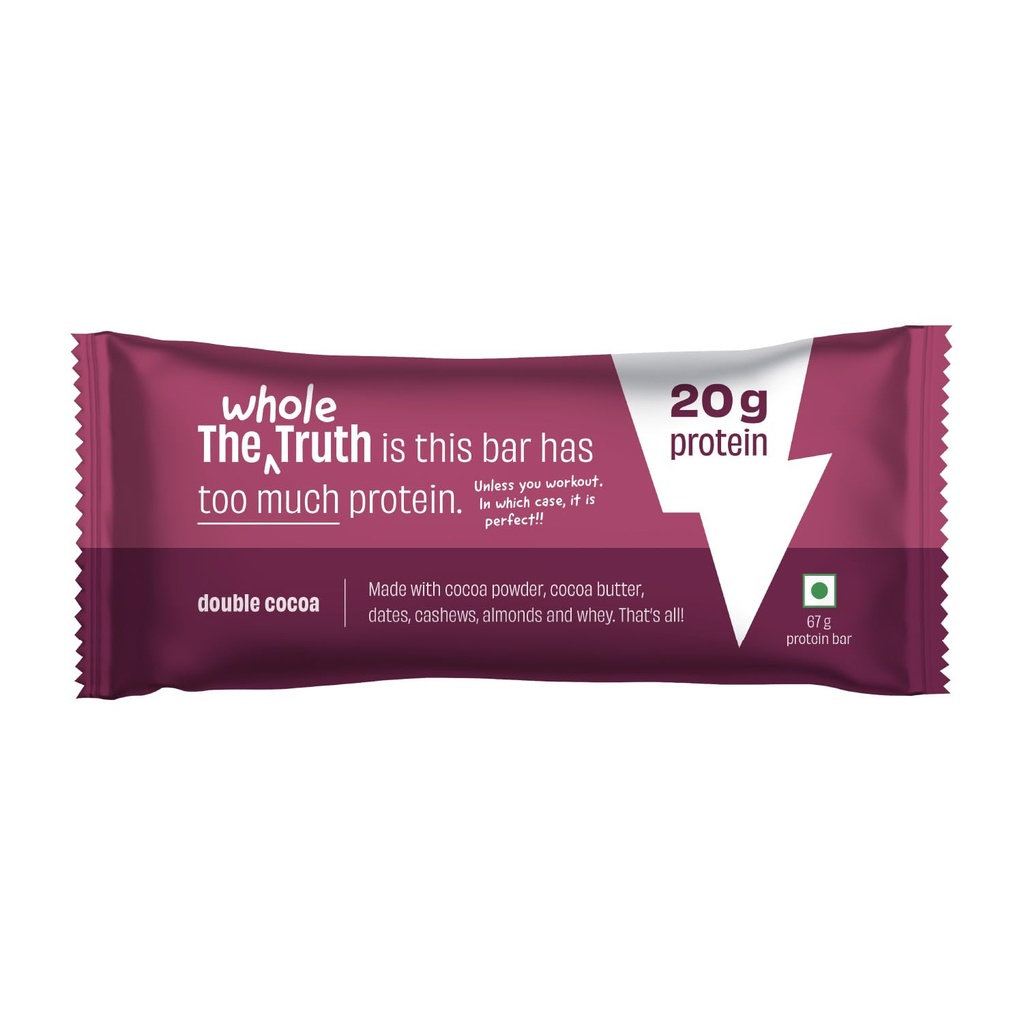 The Whole Truth - High Protein Double Cocoa 20g Protein Bar - Pack of 5 x 67g each - No Preservatives - No Artificial Flavours - All Natural