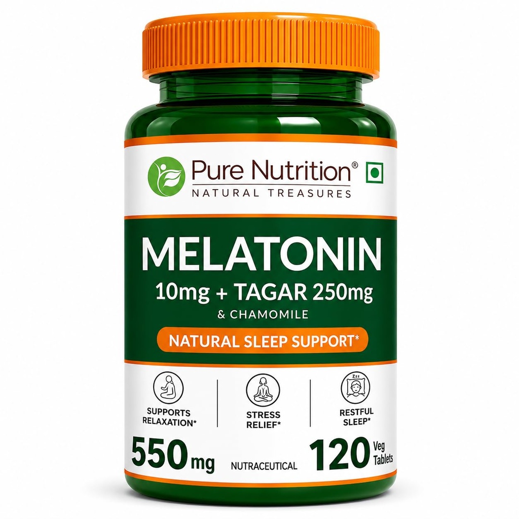 Pure Nutrition Melatonin 10mg with Tagar 250mg - 120 Veg Tablets | Non-Addictive Sleep Aid | Helps Fall Asleep Fast | Promotes Deep Sleep | Enhances Sleep Quality | Helps In Relaxation