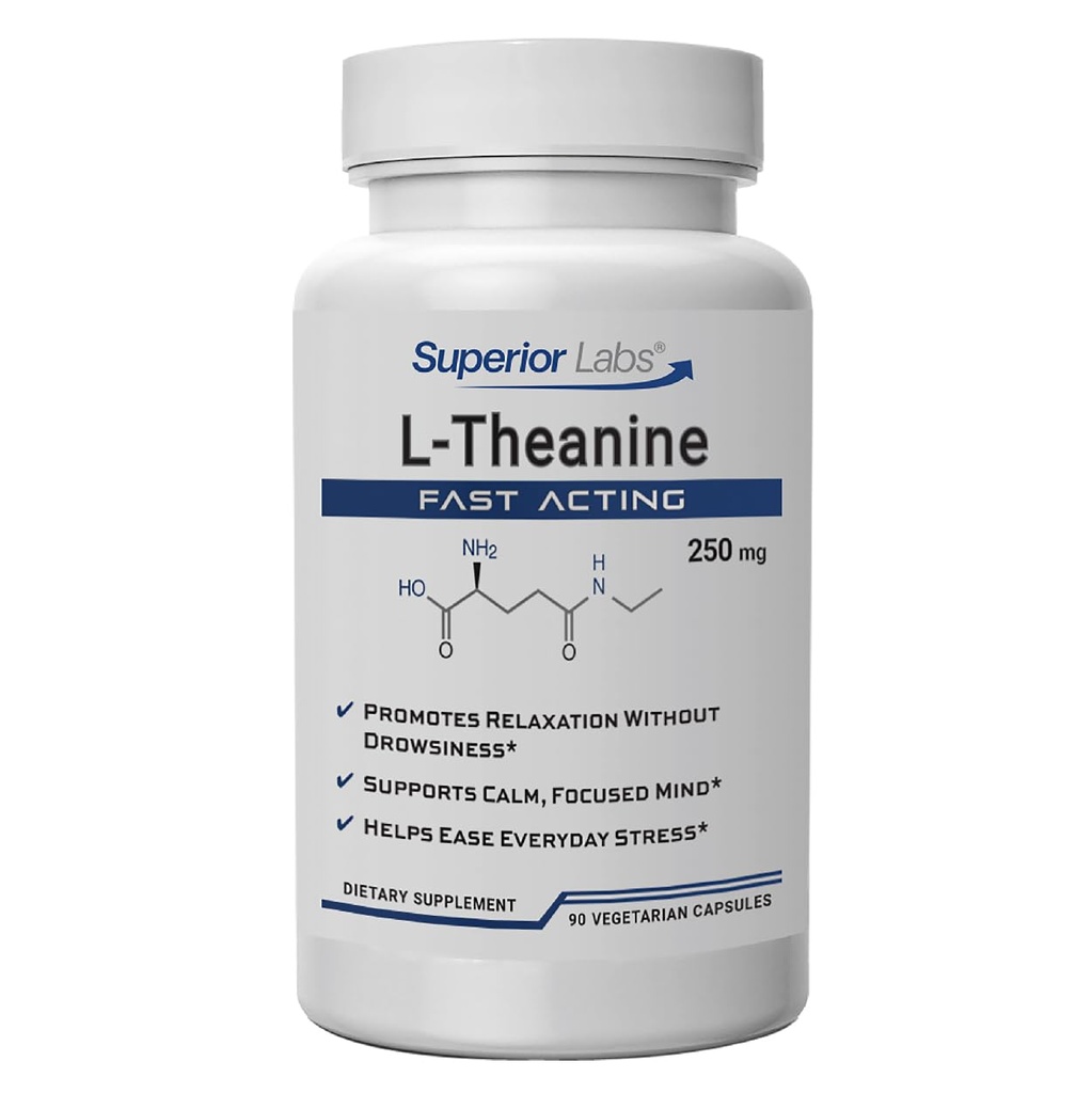Superior Labs L-Theanine 250 mg Capsules, Non-GMO, Promotes Non Drowsy Relaxation & Helps Ease Everyday Stress, Supports Healthy Sleep, Promotes a Focused Mind, High Absorption, 90 Veg Caps