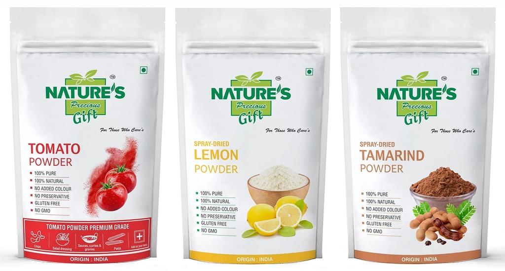 NATURE'S Precious Gift - Tomato Powder, Lemon Powder & Tamarind Powder (Imali Powder) | Spray-Dried | Ready to Use - 100 GM Each (Super Saver Combo Pack)