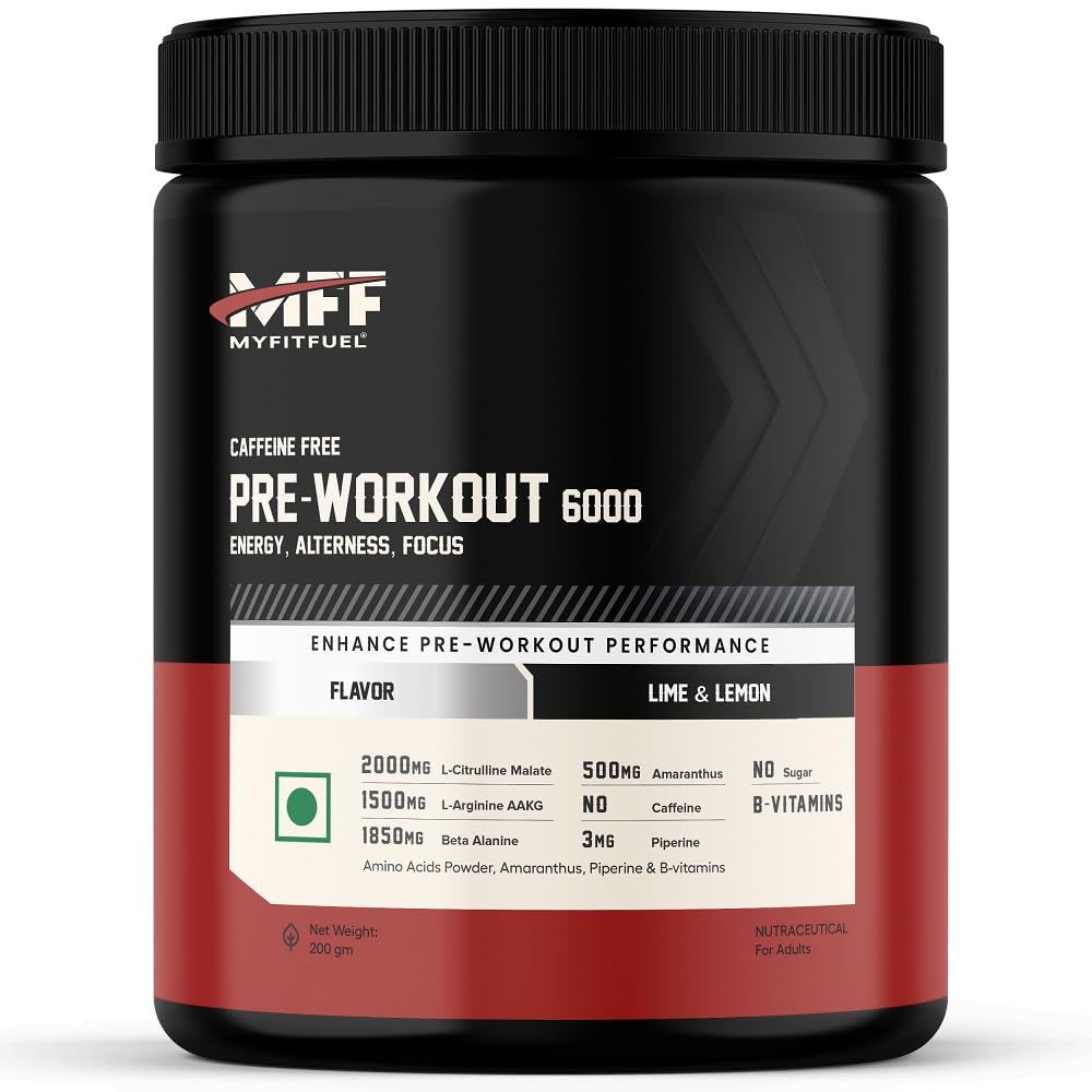 MyFitFuel Pre Workout 6000 (Caffeine Free) (200g LimeLemon) 3500mg L-Citrulline Malate+L-Arginine AAKG), 1850mg Beta Alanine, Amaranthus, Vit. B, Fast Absorption Tingling Effect Pre Workout Supplement