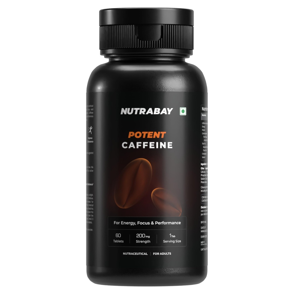 Nutrabay Pro Potent Caffeine Tablets 200mg | Natural Stimulant for Energy, Endurance & Focus, 60 Veg Tablets