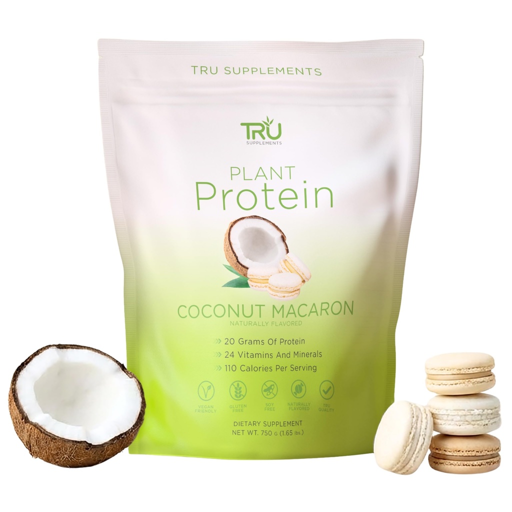 TRU Supplements Plant Based Protein Powder, BCAA, EAA, 20g Vegan Brown Rice & Pea Protein, 100 Calories, 27 Vitamins, No Artificial Flavors 25 Servings (Coconut Macaron)