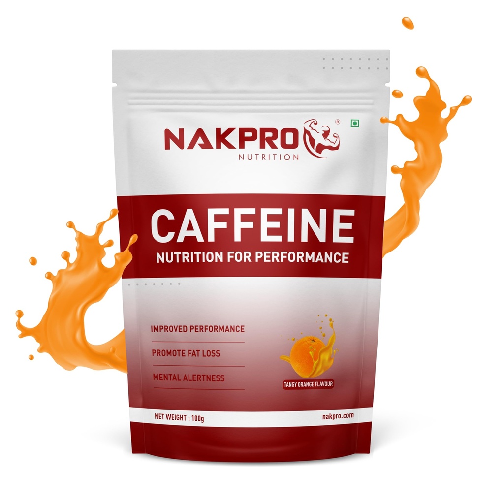 NAKPRO Caffeine Pre-Workout Energy Supplement Powder for Men, Women | Helps in increasing Performance, Focus and Enduarance - 50 Servings (Tangy Orange, 100g)