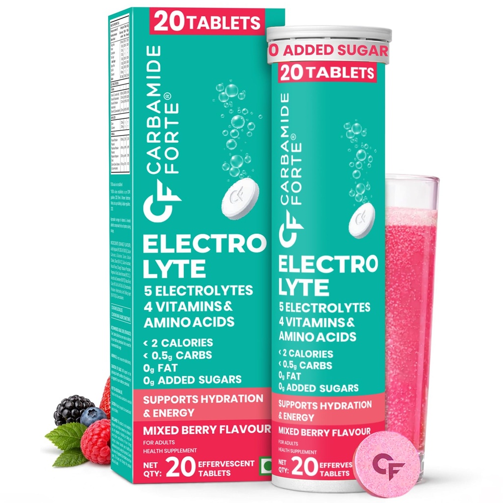 Carbamide Forte Electrolyte Supplement with Zero Added Sugar | Electrolyte Hydration Tablets for Sustained Energy with 5 Essential Electrolytes No Sugar, Low Calorie Hydration | Added L-Glutamine & Taurine, Vitamin C & B-Complex | Mixed Berry Flavour | 20 Effervescent Tablets