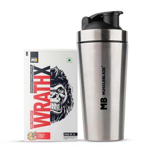 MuscleBlaze Pre Workout WrathX Powder, Fruit Fury, 270g + Shaker