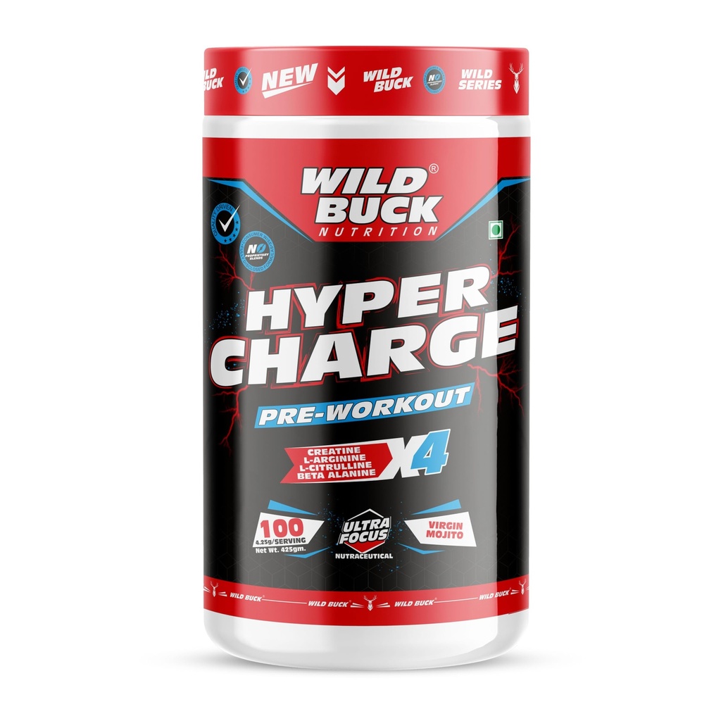Wild Buck Hyper Charge Pre-X4 Hardcore Pre-Workout Supplement with Creatine Monohydrate, Arginine AAKG, Beta-Alanine & Muscle Pump Formula | Caffeinated Punch for Explosive Energy, Focus & Strength [100 Servings, Virgin Mojito]