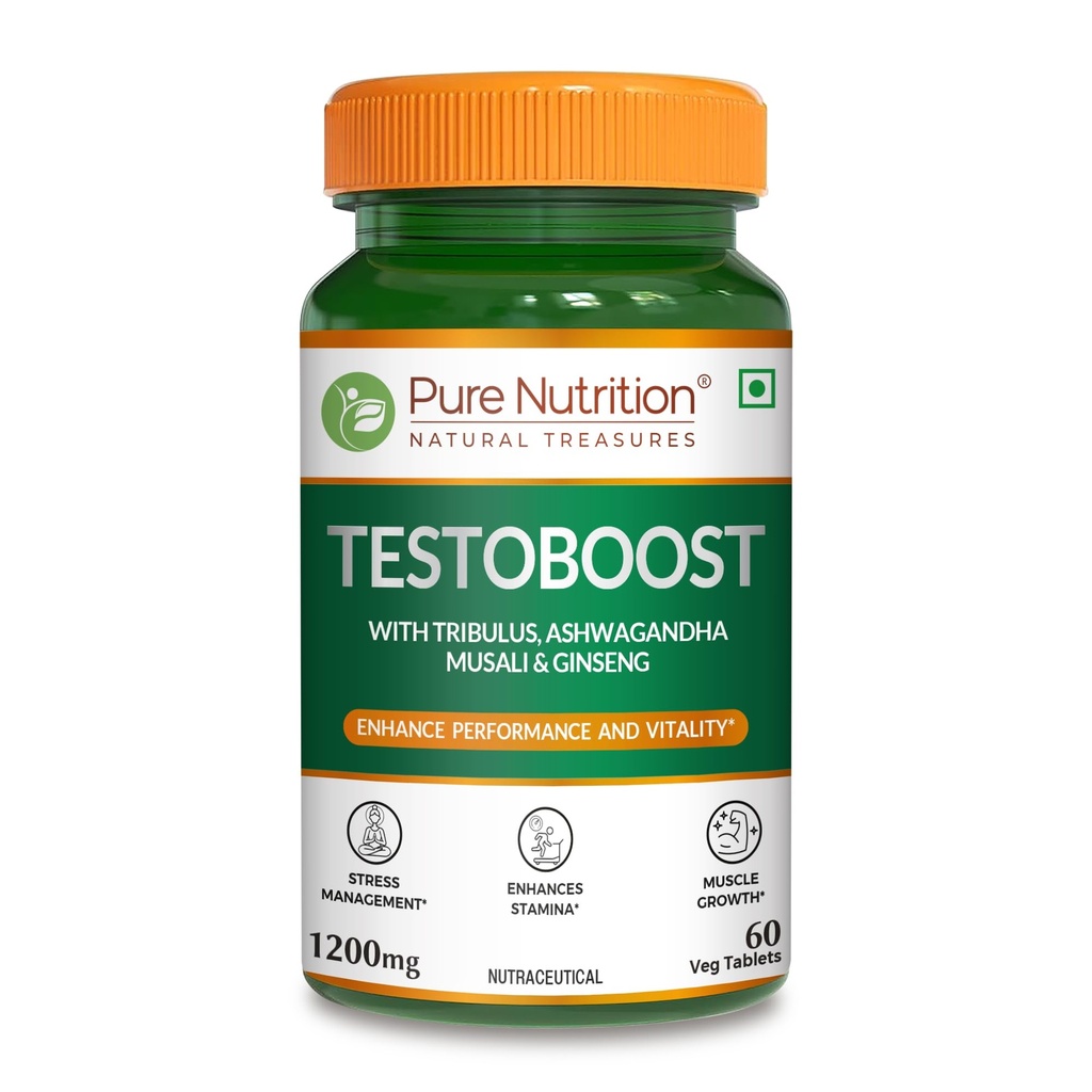 Pure Nutrition Testoboost Supplement for Men with Tribulus, Gokshura, Ashwagandha, Safed Musali, Kaunch Beej & Ginseng, Supports Energy & Strength, 60 Veg Tabs