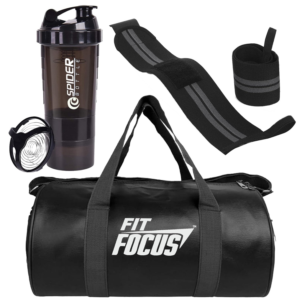 (Pack of 3) Bag Combo for Gym Shaker Bottle with Gym Bag and Wrist Band|| Shaker Bottle 500 ml ||Gym Duffel Bag for Fitness | Shoulder Gym Bags|| Wrist Support Gym Men and Women