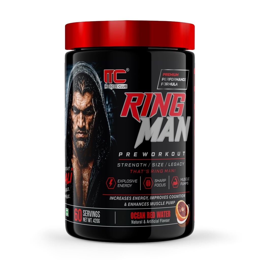 Muscle Club Ring Man Pre Workout Ocean Red Water Flavour | AMP Powered | By The Great Khali | High Stim Pre workout with 2000mg Beta-Alanine & 200mg Caffeine | Energy & Focus Booster