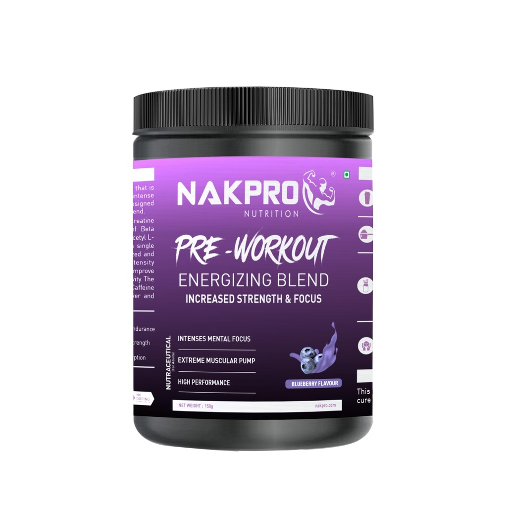 Nakpro Pre Workout Supplement Powder - JAR | 100mg Caffeine, 1.2g Creatine Monohydrate and 1.2g L-Citrulline helps in Lean Muscle Building (Blueberry, 150g)