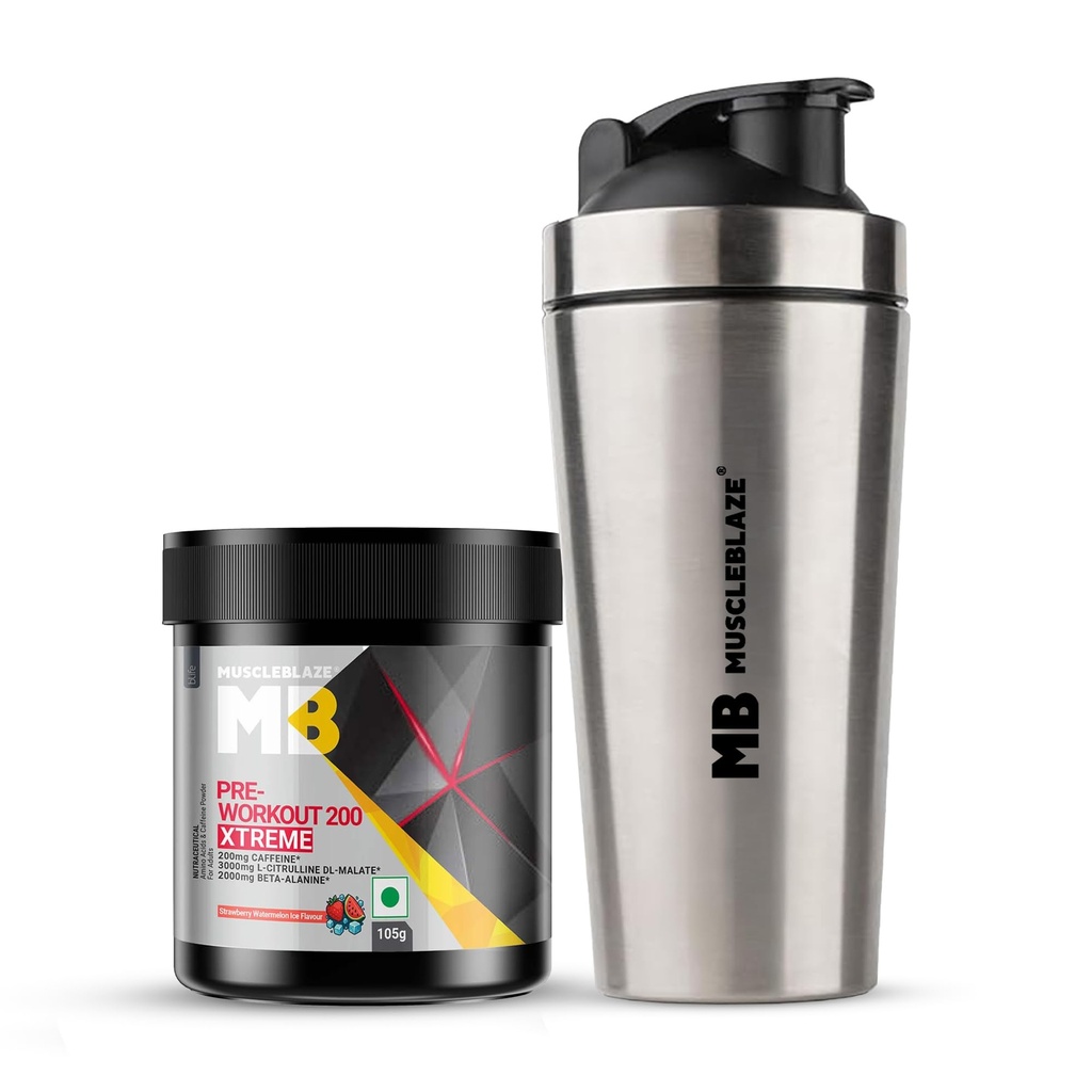 MuscleBlaze Pre Workout 200 Xtreme, Strawberry Watermelon Ice,105g + Shaker