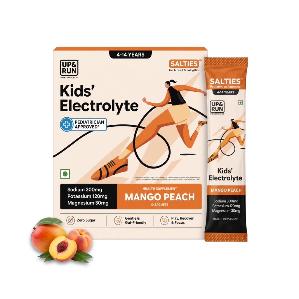 UP&RUN SALTIES | Electrolyte Powder for Active Kids (Ages 4-14) | Pediatrician Approved | Sugar-Free | Mango Peach | 10 Sachets