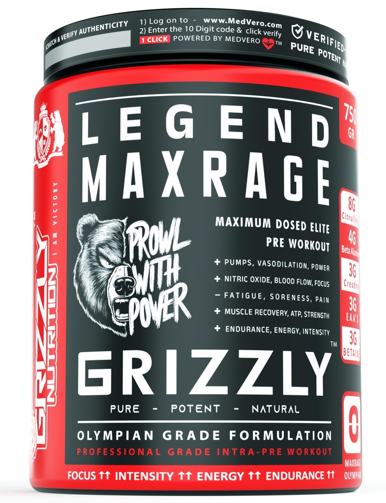 Grizzly Nutrition, Legend Maxrage Pre Workout, 750 Gram, Extra 30Gr Energy caffeine pack, Olympian Standard, Citrulline, Theanine, EAA +21 Performance Boosters, 2026 Flagship Edition, Pineapple
