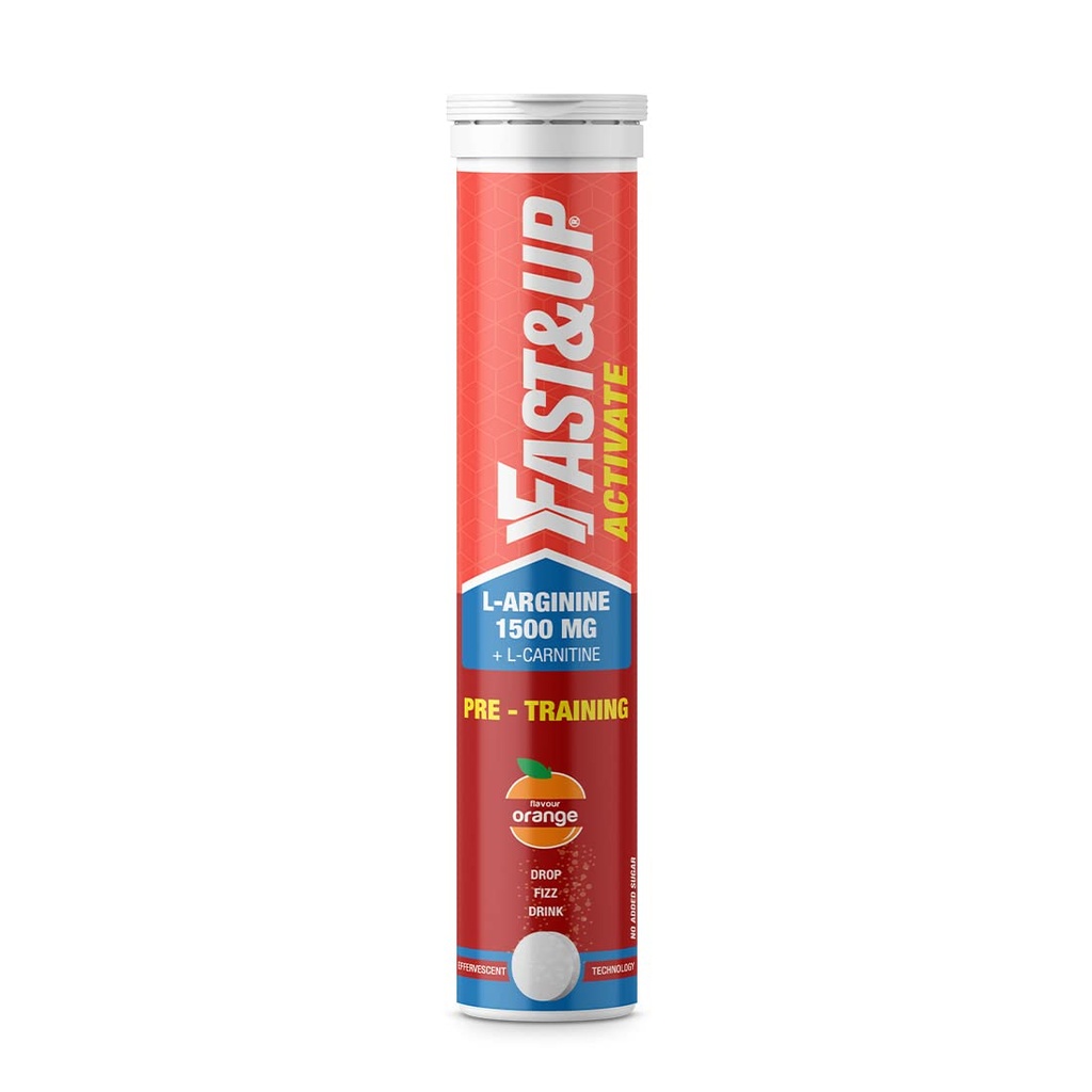 Fast&Up Activate- Caffeine Free Pre-training Drink- 1500 mg L-Arginine & other Active Nutrients- Prevents Oxidative Stress, Boosts Stamina & Metabolism-Orange Flavour- Pack of 20 Effervescent Tablets