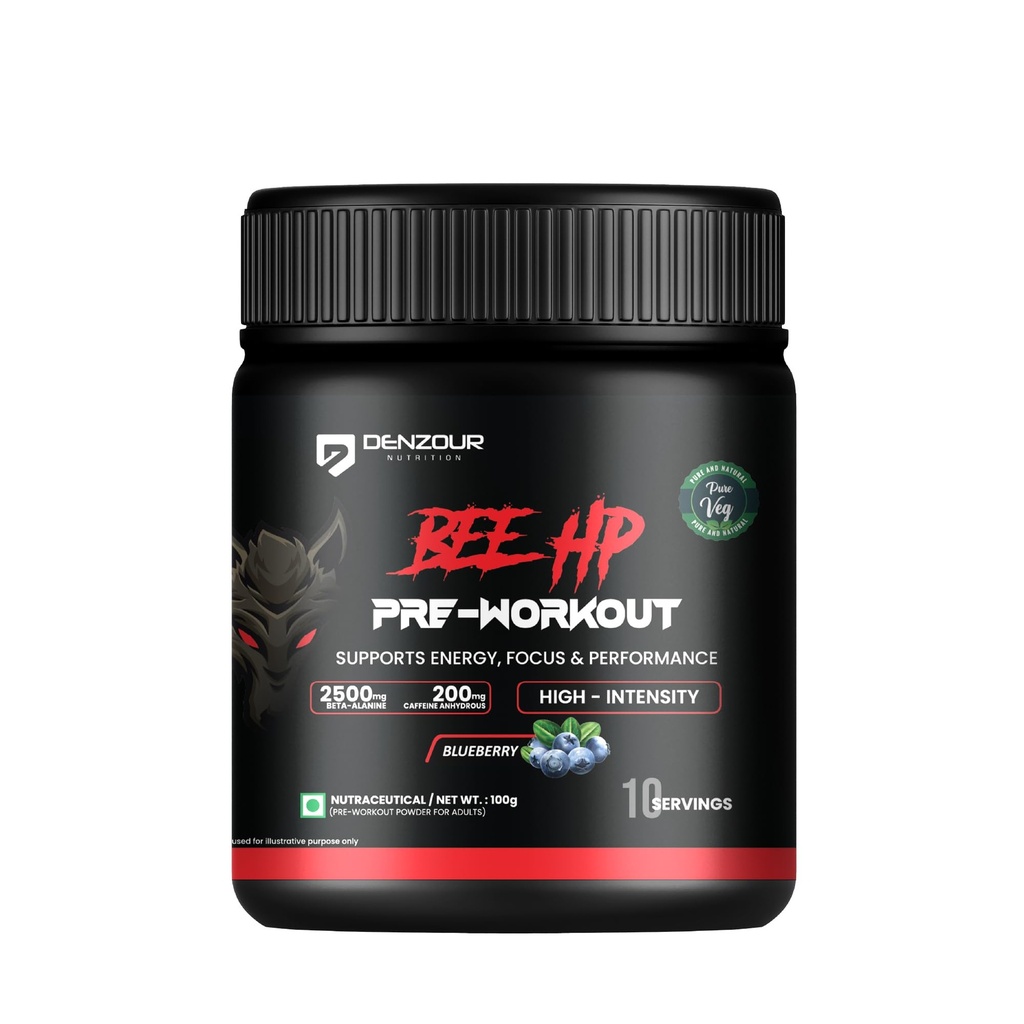 DENZOUR NUTRITION Bee-HP Pre-Workout Powder, Energy, Strength & Muscle Pump, 200mg Caffeine, 750mg Creatine Monohydrate, 2500mg Beta-Alanine, Blueberry Flavour, 100g, 10 Servings