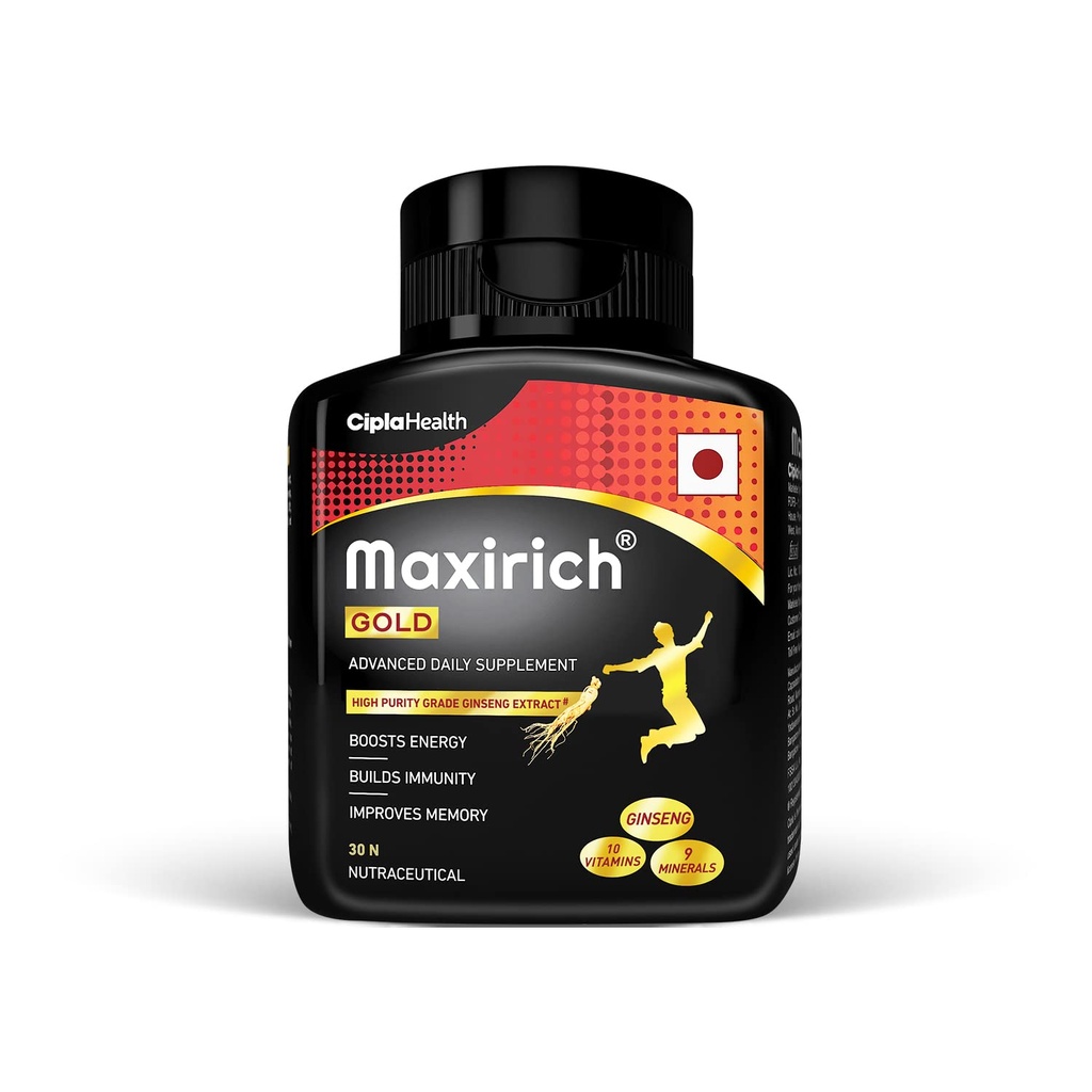 Cipla Maxirich Gold Daily Multivitamin (30 Softgels) with high purity grade Ginseng Extract*, 10 Vitamins and 9 Minerals | Boosts Energy & Immunity | Reduces Fatigue | Helps Improve Mental Alertness