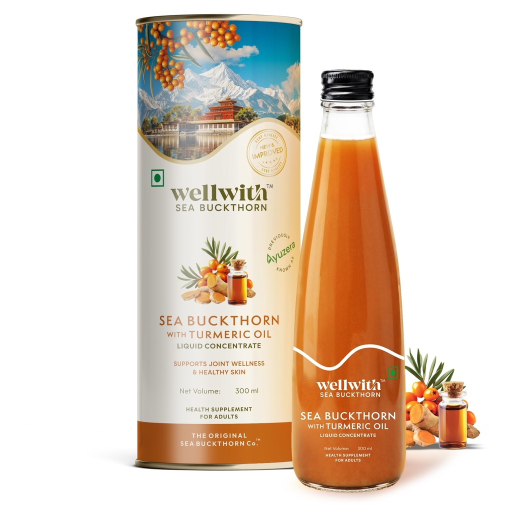 Wellwith (Ayuzera) Sea Buckthorn with Turmeric Curcumin Oil – 300ml (Pack of 1) |Pulp Juice for Joint Health, Immunity & Skin | Omega 3 6 7 9 & Antioxidants