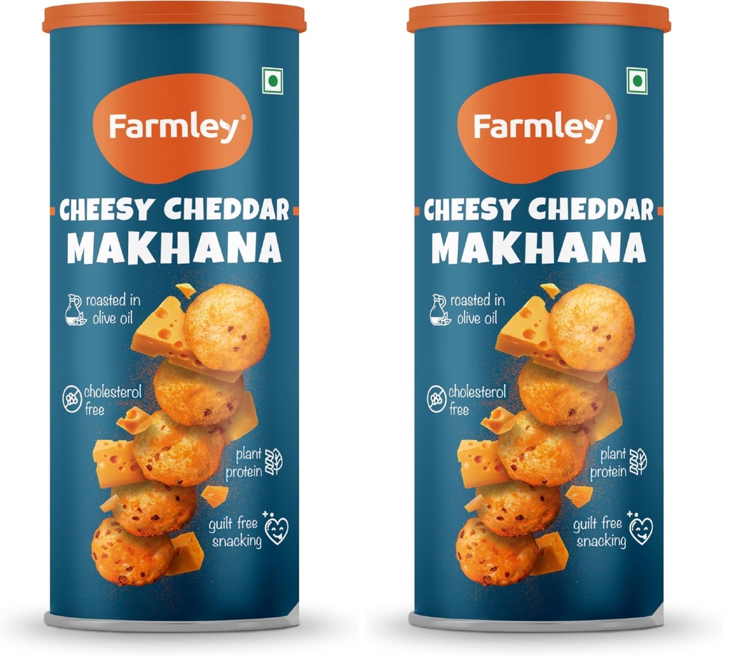 Farmley Roasted and Flavoured Cheesy Cheddar Makhana | Namkeen Snacks & Puffed Snacks | Healthy Snack | Cholesterol Free | Gluten Free | Rich In Protein & Fiber | Roasted in Olive Oil - 77g Jar