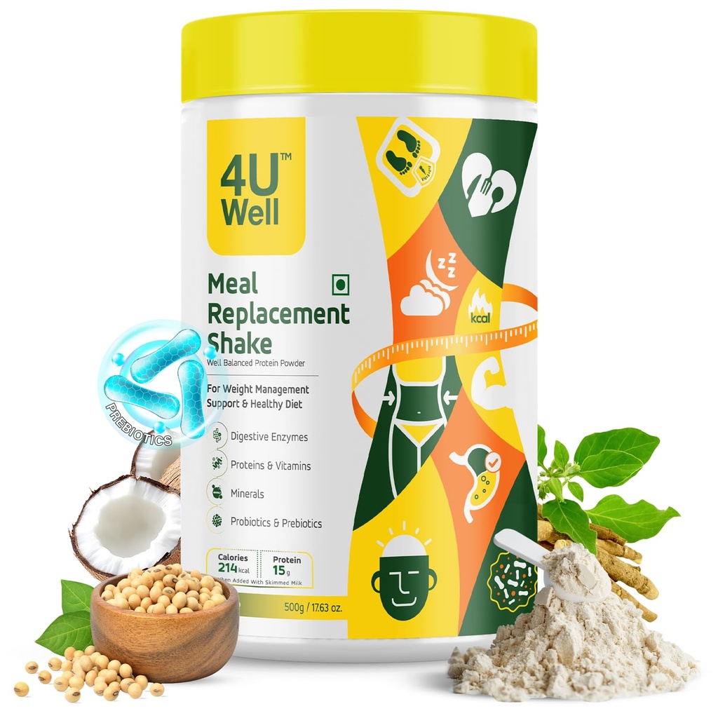 4UWell Meal Replacement Shake for Weight Management & Control | Mango Flavour | 18 Vitamins & Minerals | Boosts Energy, Metabolism & Easy to Digest Powder - 500g