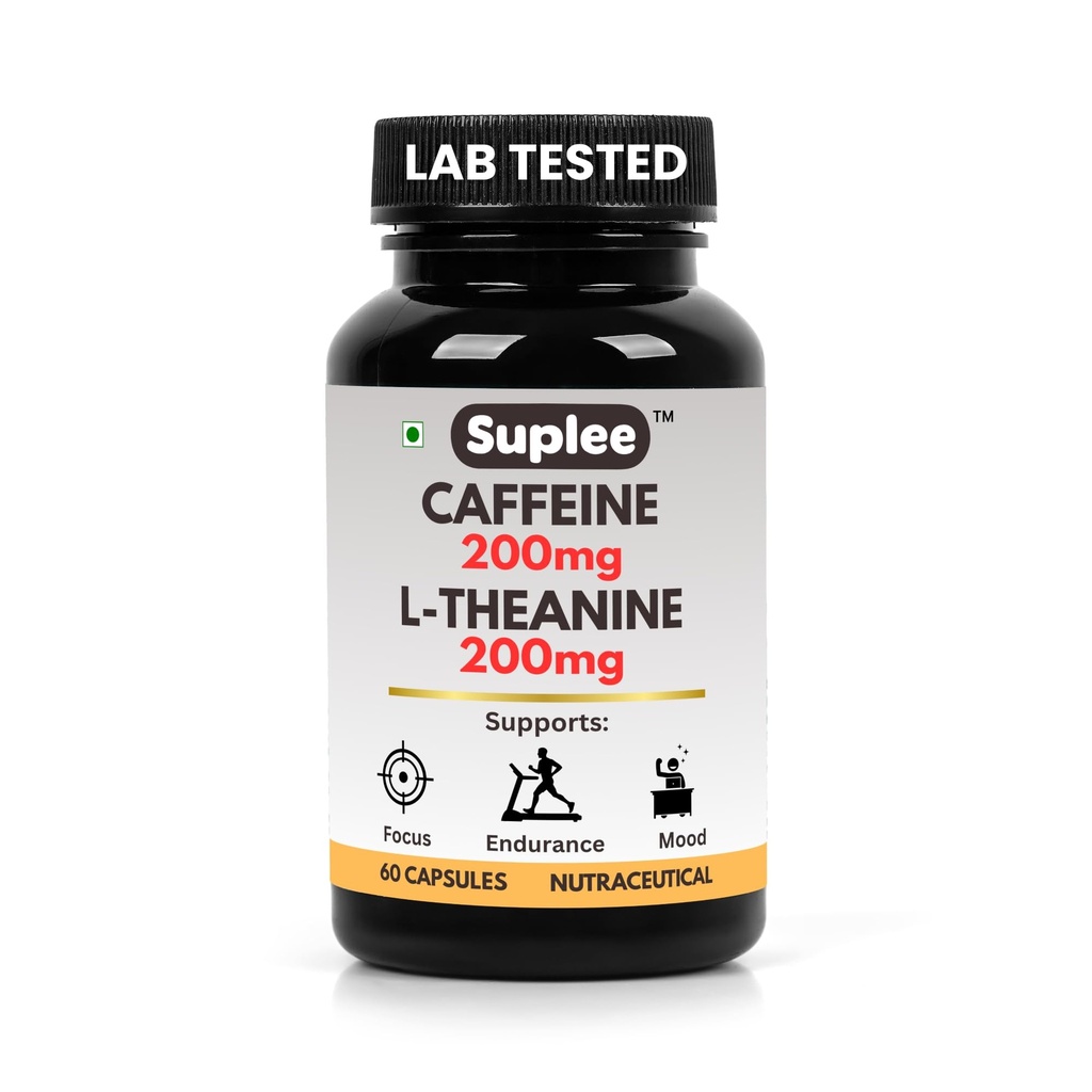 Suplee Caffeine 200mg & L-Theanine 200mg, Focus & Alertness Support, Pre-Workout & Study Aid, 60 Veg Capsules