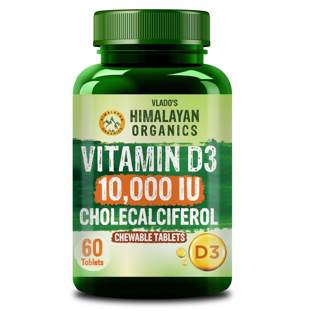 Vlado's Himalayan Organics Vitamin D3 10000IU - Chewable Vitamin D Tablets | Cholecalciferol Vitamin D3 Supplement for Bone & Immunity | Vitamin D3 Supplement for Women & Men | Orange Flavour - 60 Tablets
