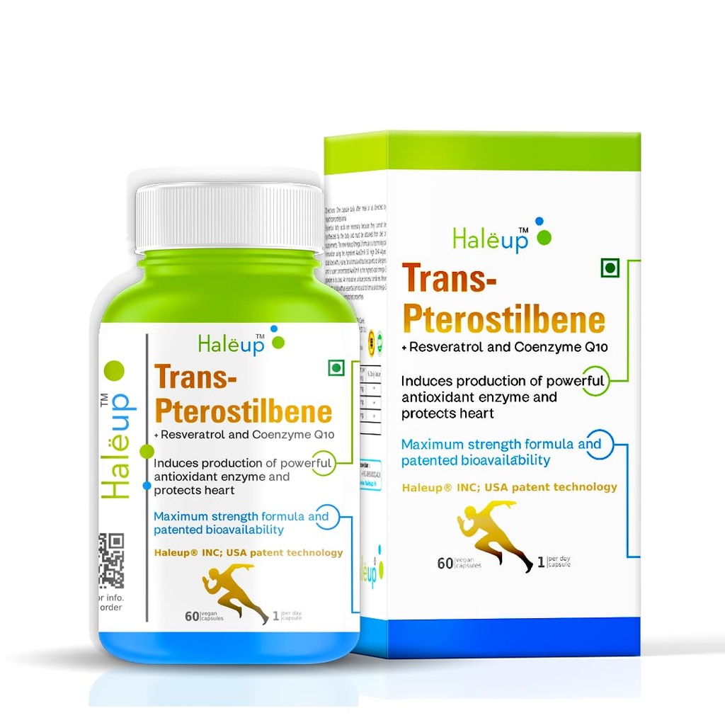 Haleup 99% Pure Trans-Pterostilbene with Resveratrol | Potent Antioxidant | High Bioavailability | Promotes Healthy Ageing | Skin Health (4 pack X 60s count)