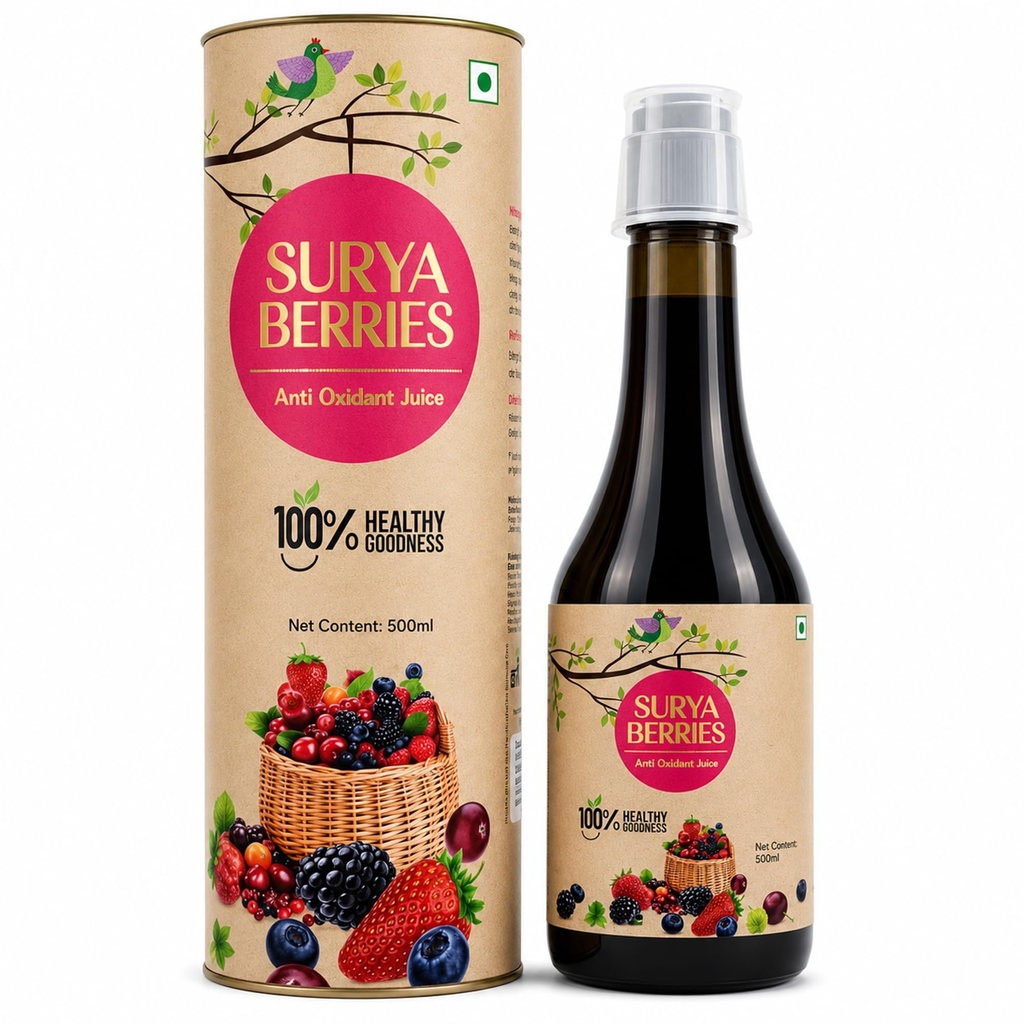 Surya Berry Juice, Sweet & Tangy, Antioxidant Nutritional Juice with Acai, Dragon Fruit, Mangosteen, Noni, Kiwi, Amla, Papaya, Pomegranate, 500ml