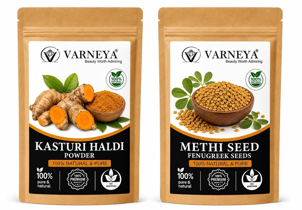 Naturals Organic Kasturi Haldi (Wild Turmeric) Powder 100g + Methi Seed Powder 100g Combo | 100% Pure Natural Ayurvedic Herbal Powders | Chemical-Free | For Face Pack, Hair Care & Skin Care | No Preservatives (Pack OF 3)
