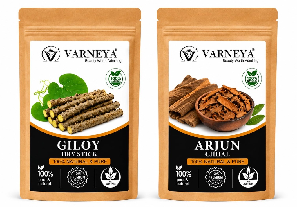 Naturals Organic Giloy Dried Sticks Powder 100g + Arjun Chhal Powder 100g Combo | Guduchi (Tinospora Cordifolia) Stem & Terminalia Arjuna Bark | Pure Natural Ayurvedic Herbs | Chemical-Free | Herbal Tea, Kadha & Decoction Ingredients (Pack of 4)