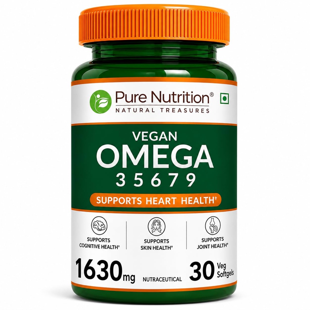 Pure Nutrition Vegan Omega 3 5 6 7 9 (30 Softgels) | Plant Based Veg Omega 3 Supplement with Blend of Seabuckthorn, Flaxseed, Pomegranate, Borage & Olive Oils | Supports Heart, Skin & Joint Health