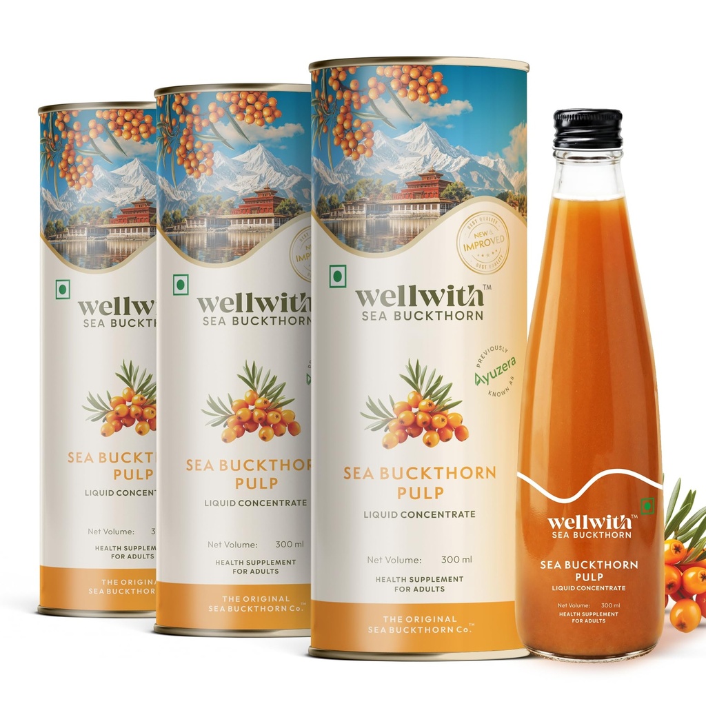 Wellwith by Ayuzera Himalayan Sea Buckthorn Berry Pulp 300ml | Plant Based Vegan Omega 3, 6, 7 & 9 | No Fish Oil | Natural & Organic | Upto 50 Glass Juice | Antioxidants & Vitamins (300ml, Pack Of 3)
