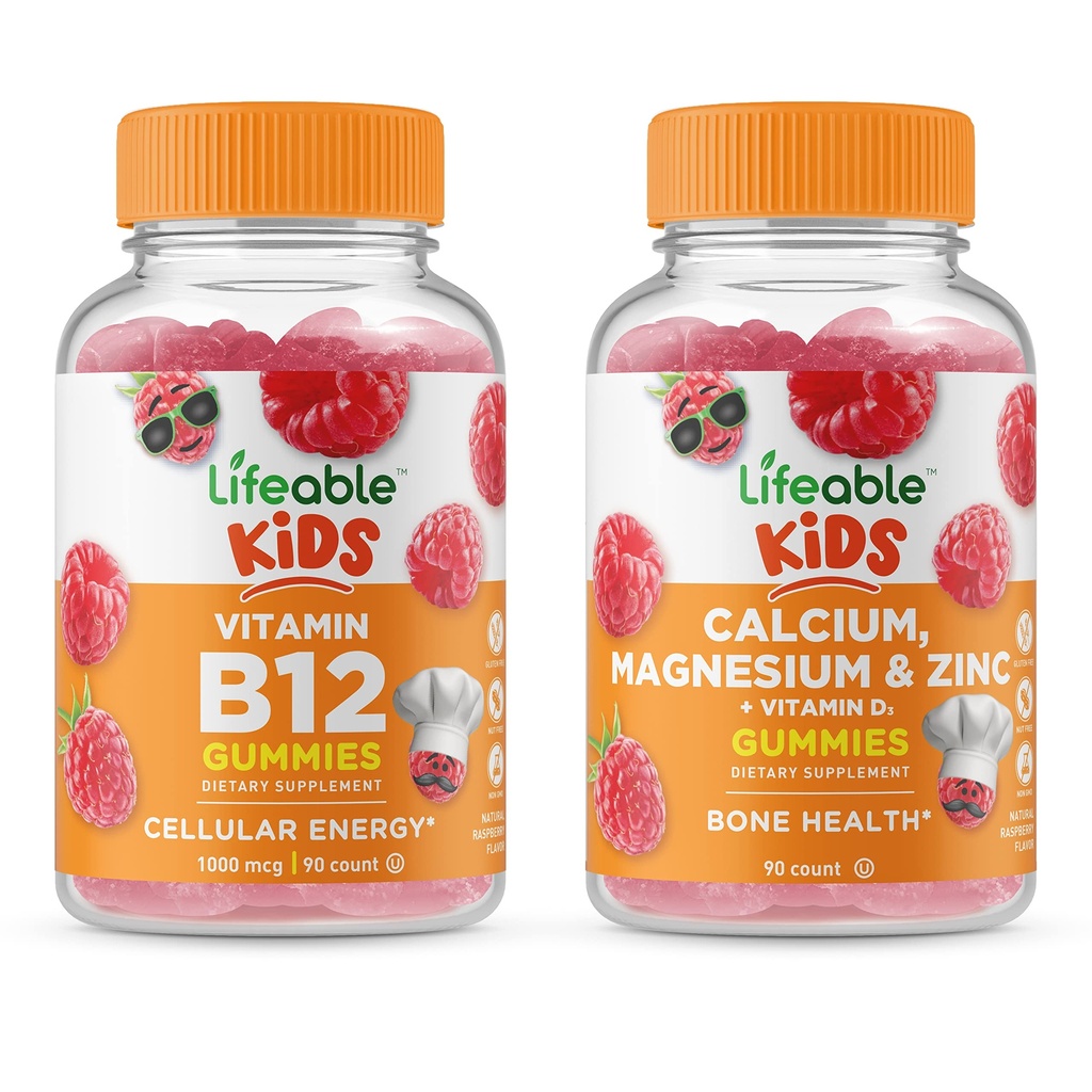 Lifeable Vitamin B12 Kids + Calcium Magnesium & Zinc Kids, Gummies Bundle - Great Tasting, Vitamin Supplement, Gluten Free, GMO Free, Chewable Gummy