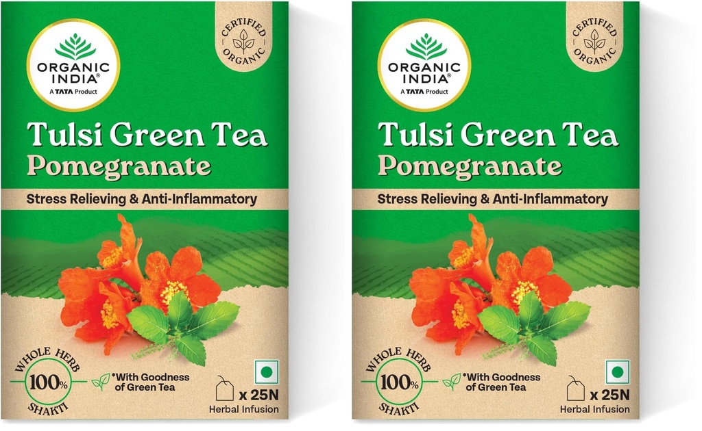 A TATA Product - Organic India Tulsi Green Tea Pomegranate - 25 Tea Bags, Certified Organic, Stress Relief, Rich in Antioxidant, Tulsi & Pomegranate Infusion (Pack of 2)
