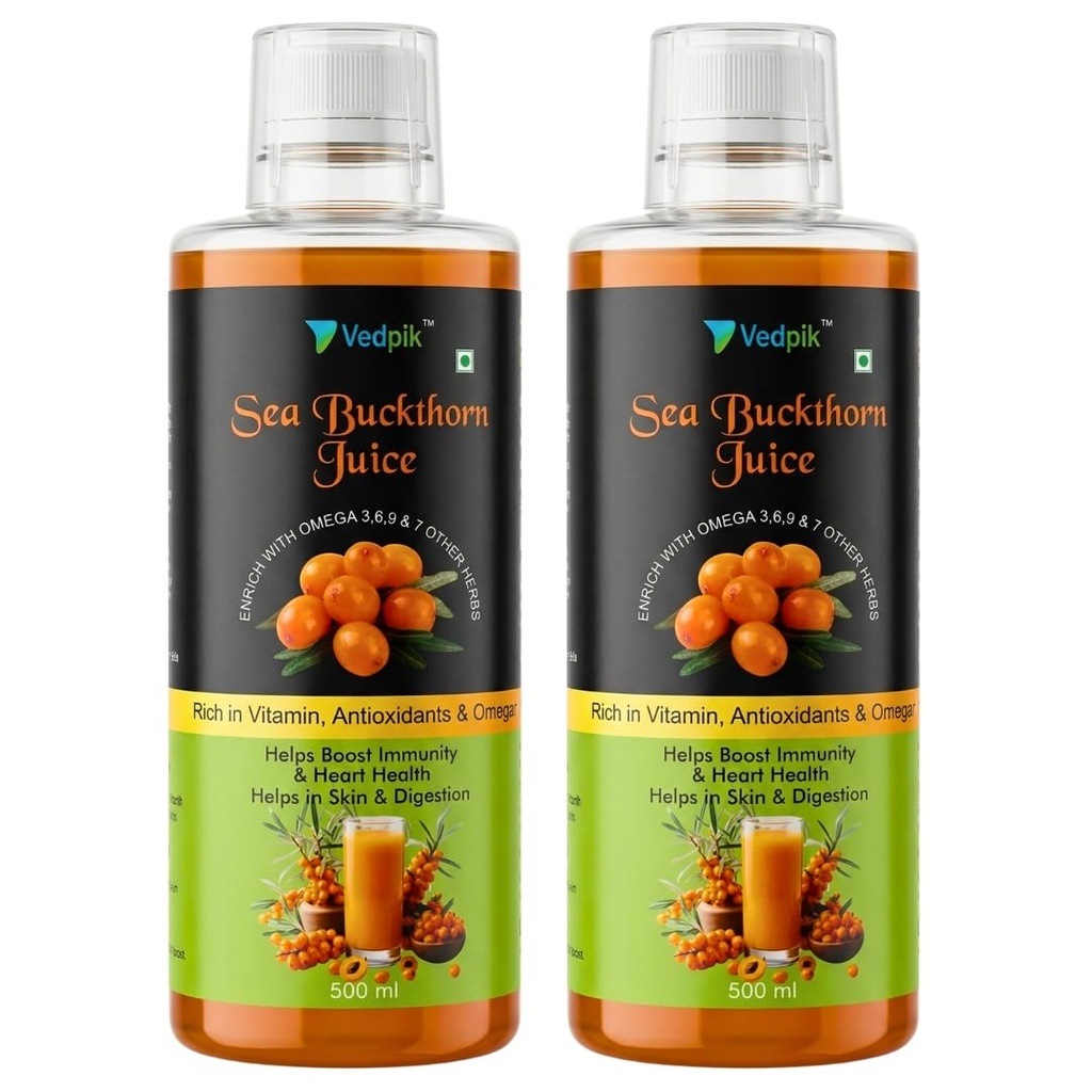 Vedpik Sea Buckthorn Juice - 500ml | With Omega 3, 6, 7 & 9, Natural Antioxidants & Vitamins | Formulated for Immunity, Skin Health, and Well-being (500ml (Pack of 2))