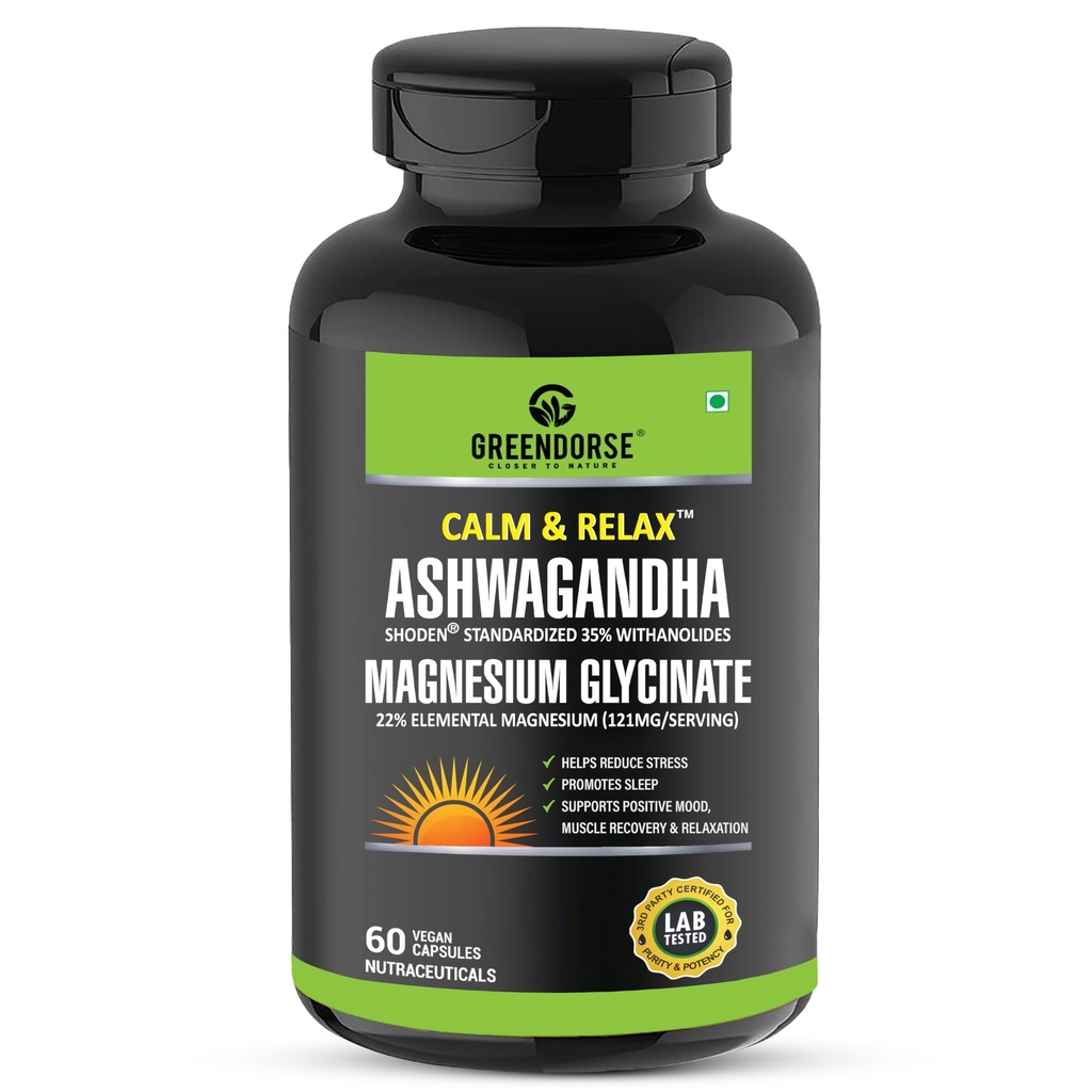 GREENDORSE Premium Shoden Ashwagandha 35% Withanolides with High grade Magnesium Glycinate & Probiotics- Calm & Relax™| For Stress Support, Calm & Relax Mind, Muscle recovery, Vitality Support - 60 Veg Capsules