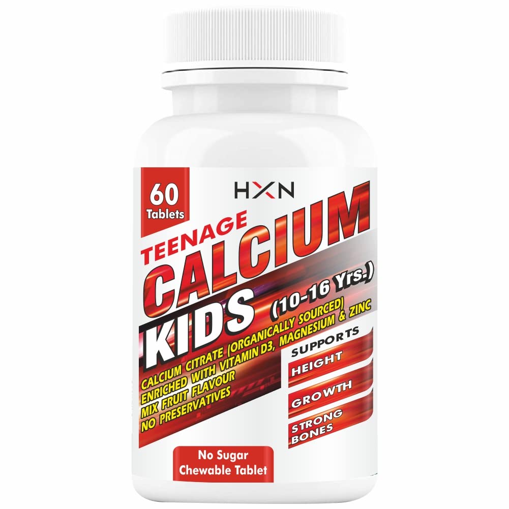 HXN Calcium For Kids With Vitamin D3, Magnesium, Zinc, Vitamin B12, Multivitamin Supplements for Teenager Kids Strong Bones Health | Teeth | Growth | Sugar Free -60 Chewable Tablets (10-16 years)